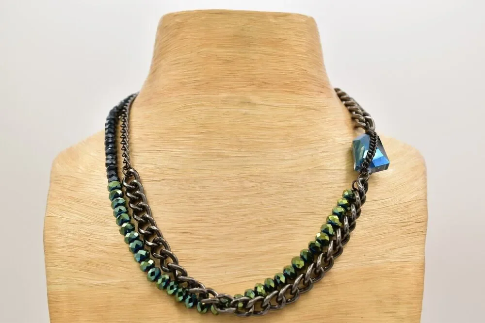 Kenneth Cole Crystal Beaded Necklace Multi-Layered Gunmetal Blue Green BinBD